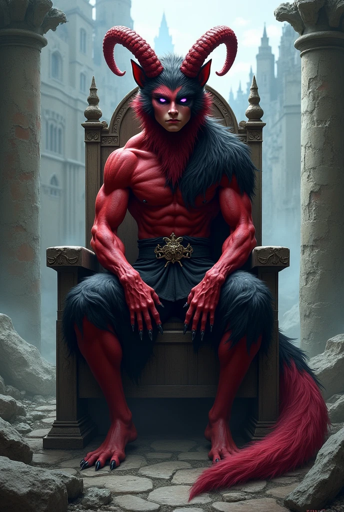 Wolf fur(Red color y negro), red devil's tail, ager(athletic), medieval clothing(black color), musculino(teen), ram horns(Red color),Alone (Posing), Violet Wolf Eyes, delgado(skinny), man, Sitting on a throne, ruined castle background.