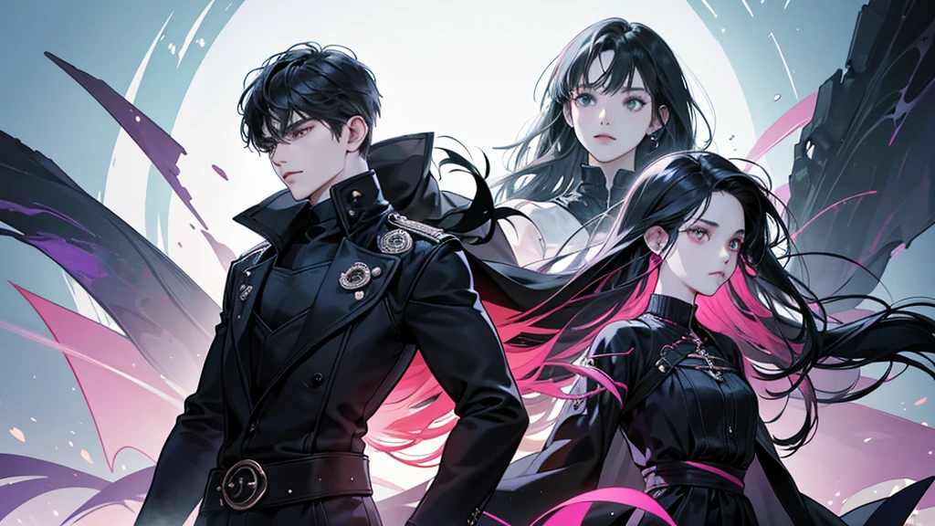 Create an image of the Stranger clan: a diverse group of a man, woman, girl, and boy gathered together. Each exudes an air of mystery, with piercing, glowing eyes and sleek, modern clothing accented by shifting, otherworldly patterns. The setting is surreal, with floating shapes and a dreamlike atmosphere, emphasizing their enigmatic presence.