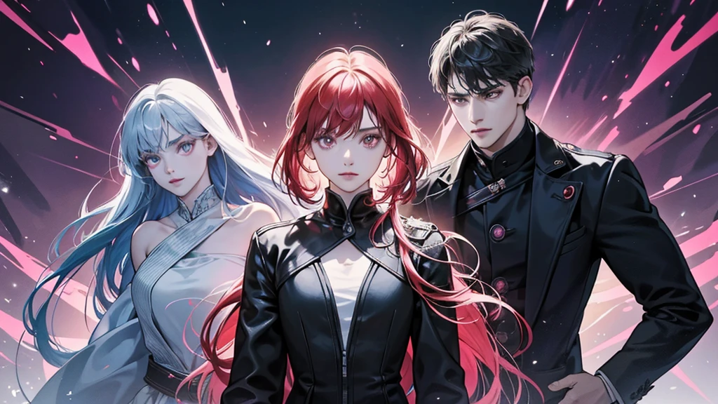 Create an image of the Stranger clan: a diverse group of a man, woman, girl, and boy gathered together. Each exudes an air of mystery, with piercing, glowing eyes and sleek, modern clothing accented by shifting, otherworldly patterns. The setting is surreal, with floating shapes and a dreamlike atmosphere, emphasizing their enigmatic presence.