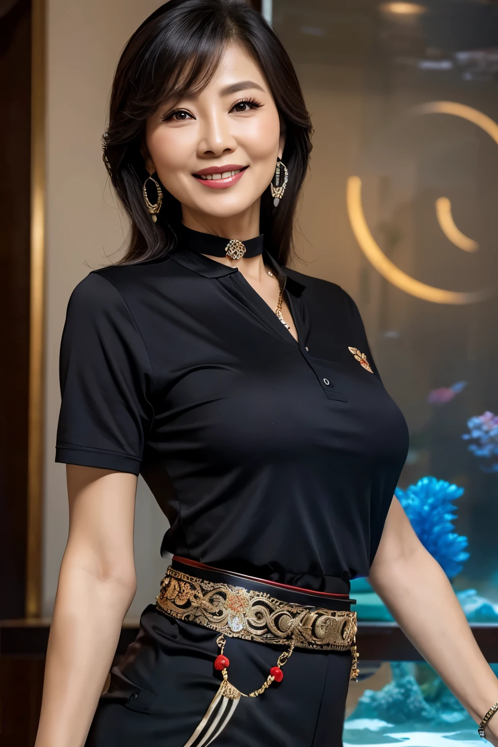 ７７ years old　mom　milf　Chinese Lady　large earring　Big choker　navel piercing decoration　A bracelet　realisitic　Gorgeous Madame Beautiful Mature Woman　sexly　Smile　Gentle woman navel piercing　４K　High quality　Gorgeous Madame Beautiful Mature Woman　belt