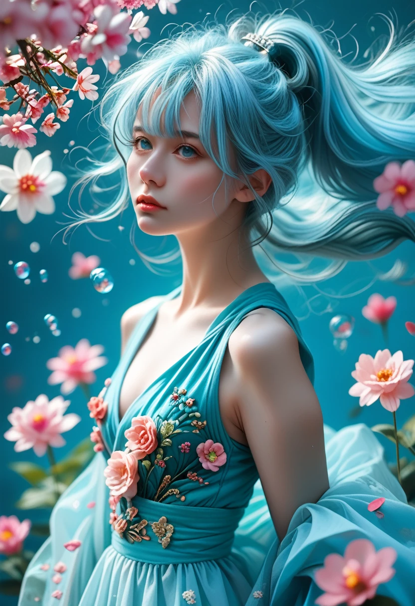 (Masterpiece), (Best Quality), (Super Detail), (disheveled Hair), (Illustration), (One Girl), (Fashionable Clothes), Standing, Fashion Model, Beholder, (Interview), (Simple Background), Finely Beautiful Eyes, Delicate Beautiful Face, Floating, (High Saturation), (Colorful Splash), Colorful Bubble, (Shine), Focus on the Face, Ponytail, Light Blue Hair, Bangs, Hair Rings, Floating Flowers, Floating Hairs, (Shining), Best Lighting, Best Shadows