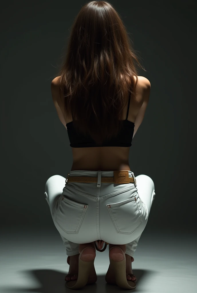 White woman with brown hair wearing tight white jeans with a tag and a gold belt, black blouse, handcuffed with hands together and standing with her back in a squatting position