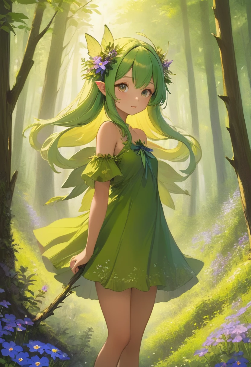 Forest Fairy,Mysterious girl,wood々In the thick forest,光に包まれた幾人もの妖精がwoodの枝に座っている,Mysterious Mysterious,Vibrant wildflowers blooming in the forest,Fantasy,Exquisite atmosphere,Masterpiece,Highest quality,Detailed anime art,Digital Art,