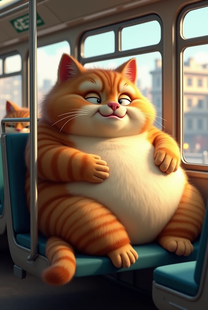 A huge chubby fat cat on a bus 