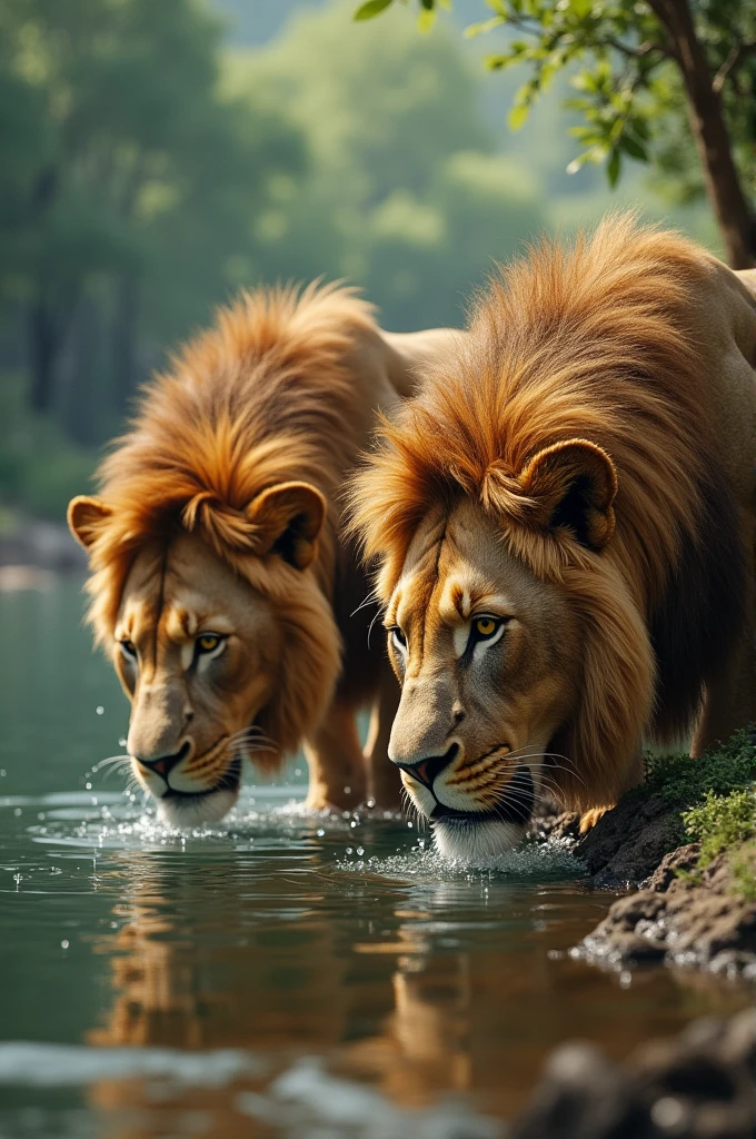 Two lions drink water in rever