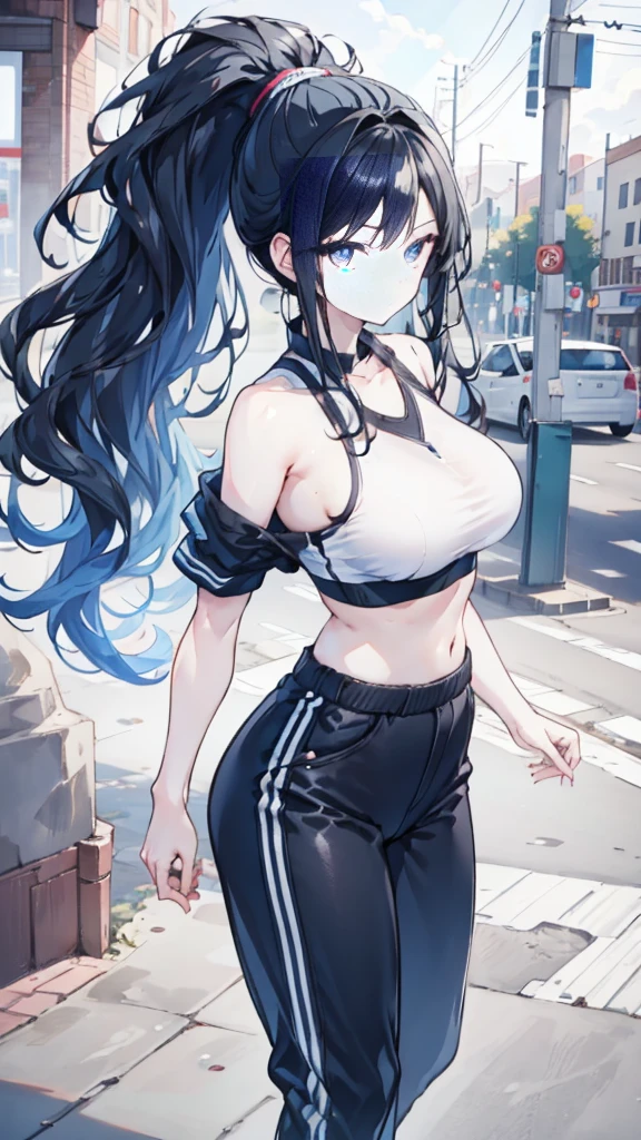 1 Girl,  black hair, long hair， High ponytail，blue eyes, Wearing a sports bra， Large Breasts,long legs, on the street