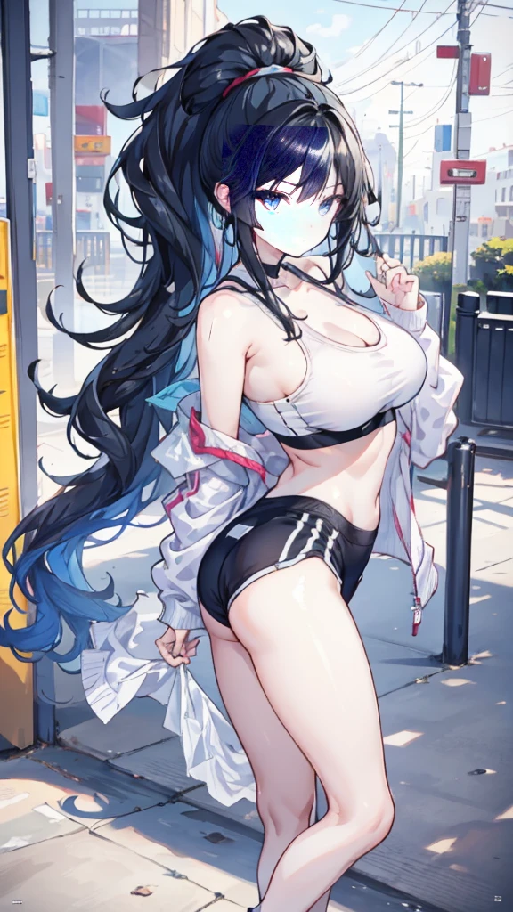 Perfect human body，1 girl，Thin girl， (Exposed publicly，street), 鎖骨，Sleeveless sailor suit，Low-rise miniskirt，reveal flat belly，semi transparent，(White stockings)，((woman with fever)), ((perspired，college aged))), Colossal titpression of color)), (Blushlush:1.2),