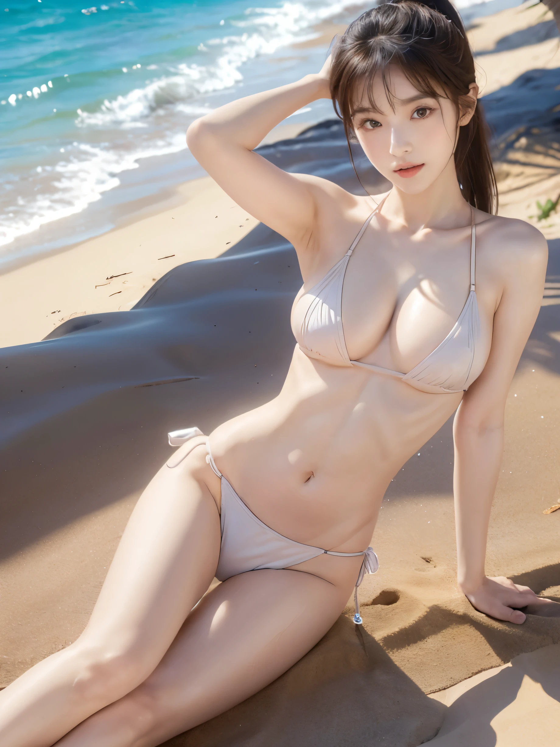 (Ultra HD), (Looking at me), (The whole body is shown), (Tiny Micro Bikini), (Big Breasts:1.6), Super beautiful breasts, (Slimness:1.8), Narrow waist, (Thin legs:1.2), (Thin thighs:1.2), (Thin Hips:1.4), (Beautiful Skin, Shiny skin, White skin), (Super slim face, Super beautiful face, No makeup, Smile:0.6), (light brown, ponytail, Layered Cut), (double eyelid, Slanted Eyes), (Small Nose), (Thin lips), (Leg spread:1.2), Sitting on a sandy beach, Wide sea view