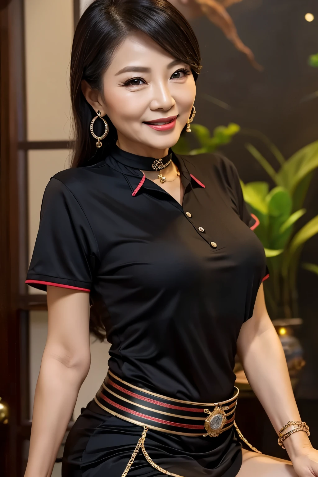 ７７ 　mom　milf　Chinese Lady　large earring　Big choker　navel piercing decoration　A bracelet　realisitic　Gorgeous Madame Beautiful Mature Woman　sexly　Smile　Gentle woman navel piercing　４K　High quality　Gorgeous Madame Beautiful Mature Woman