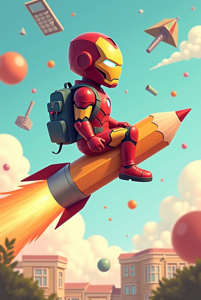 Crée une illustration vecteur  d’un  fantaisiste réaliste  déguiser  en super-héros ' Iron Man'  de Marvel , monté sur un crayon géant comme une fusée. Le   est équipé d'un sac à dos , prêt pour une aventure éducative. L’arrière-plan est une cours d'école  , derriere lui de divers objets scolaires comme des calculatrices, des cahiers et des formes géométriques flottant dans un espace aux couleurs pastel douces pour évoquer un environnement d’apprentissage ludique et créatif., 