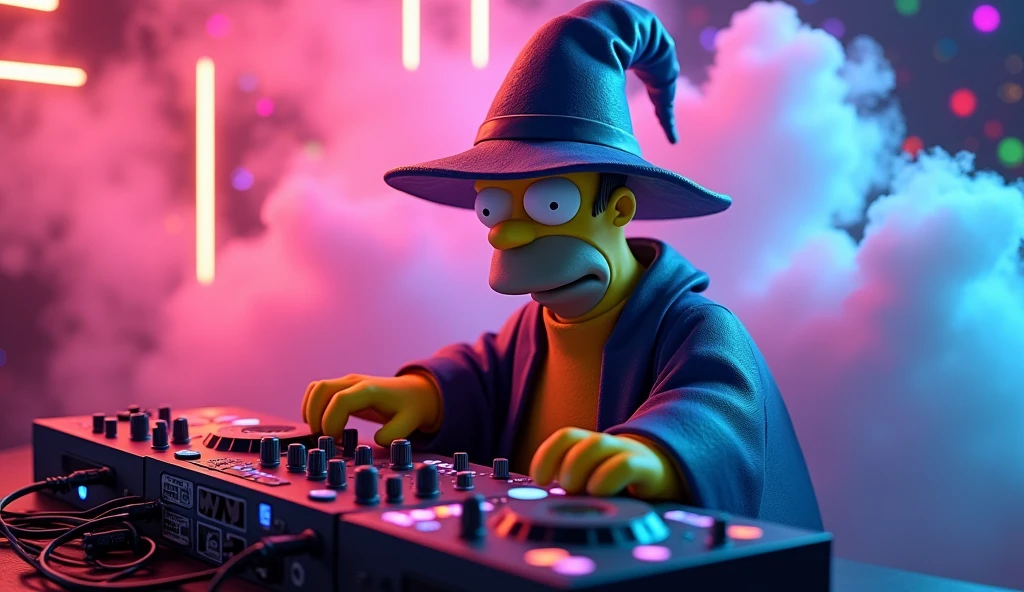 Homer Simpson dressed as a wizard, controlling a mixing board, with neon lights and colored smoke in the background, 2k image, scenography, 3D realistc