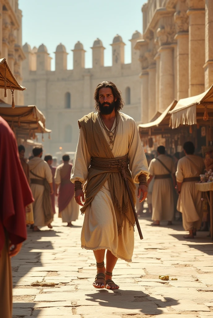 Light-skinned man, brown hair and beard, bone-colored tunic with sleeves , brown short skirt, sandals tied to the shins, sky blue cloak walks in the middle of a stone esplanade where there are several men dressed in tunics and cloaks typical of 1st century Israel, There are also trading stalls and on the sides a large wall with many stone columns. 