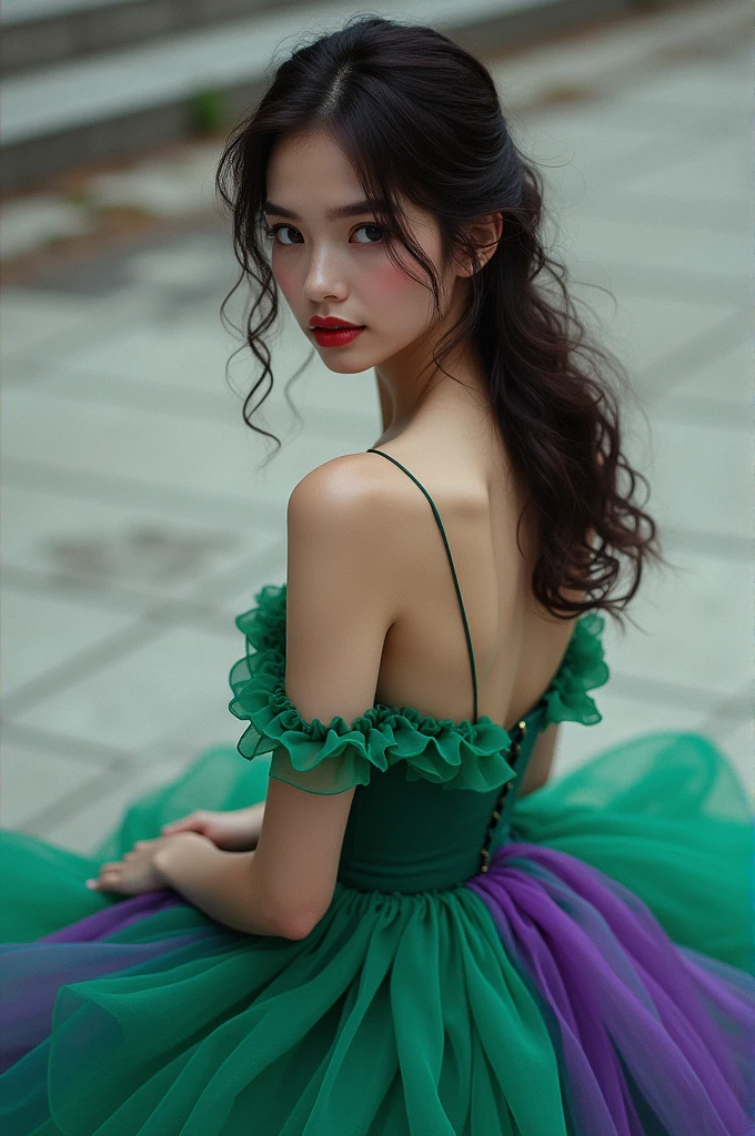 A girl with dark brown wavy hair, brown eyes and red lips. A bright green and purple layered dress lying on a cement bench