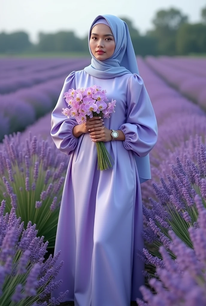 A beautiful Indonesian woman, smooth white skin, well-groomed face,hijab light blue satin, slow motion, , ,mengenakan dres mewah long lebar mayung, , closed chest,light blue satin, long,left and right sleeves with beautiful ribbons,balloon sleeve model ,holding a bouquet of lavender orchids , ,luxury watch , white shoes, pose standing gracefully, eyes looking at camera. in the thicket , purple lavender flowers that bloom beautifully and densely. Lavender field background , beautiful very amazing .Realistic original photo 
