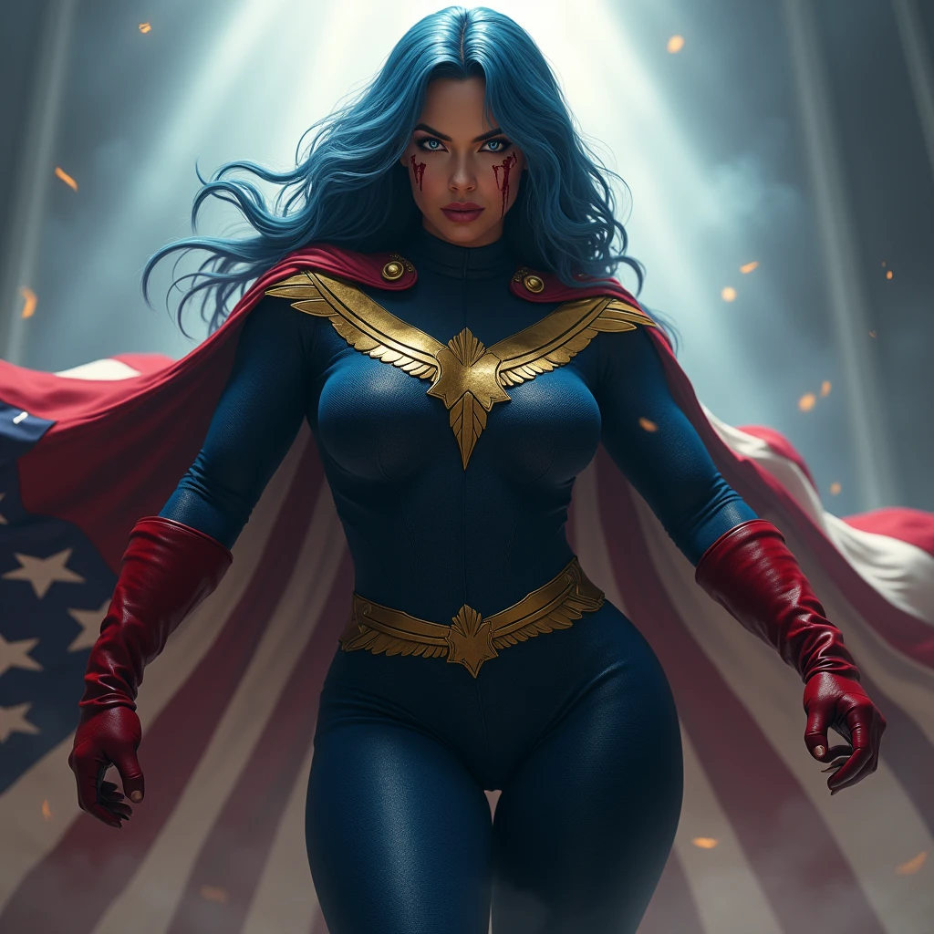 A powerful superhero character in a dramatic action pose, She has her hands behind her back. She's a biracial latina woman .She wears a dark blue, textured bodysuit with golden like heads of eagle on her shoulders and wear red long gloves until her elbows. She have got long light blue hair, light blue eyes, large breast. She has a severe and stern expression. A large and imposing American flag cape billows behind her, adding a sense of movement to the scene. There are stains of blood on her face ,The atmosphere around her is misty, with beams of light piercing through the clouds, highlighting the figure in a heroic manner, photorealistic 