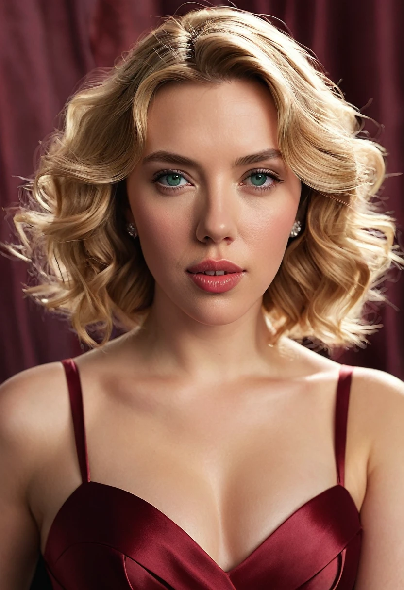 Create an ultra-realistic portrait of a woman with features closely resembling Scarlett Johansson. She has fair skin with a natural, soft glow, deep blue-green eyes with a subtle sparkle, and full, slightly parted lips with a soft pink hue. Her wavy blonde hair is styled in loose curls that cascade over her shoulders, catching the light in a natural way. She is wearing a fitted, deep red satin dress with a sweetheart neckline, reflecting light subtly to enhance the texture of the fabric. The background is softly blurred, keeping the focus on her lifelike features, with warm, diffused lighting to accentuate the contours of her face and the richness of her dress."