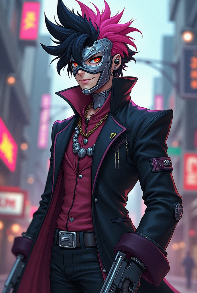 Anime, Guy With Black And Pink Spikey Hair, Metallic full face mask, Long Coat, two guns, goofy, smiling, funny