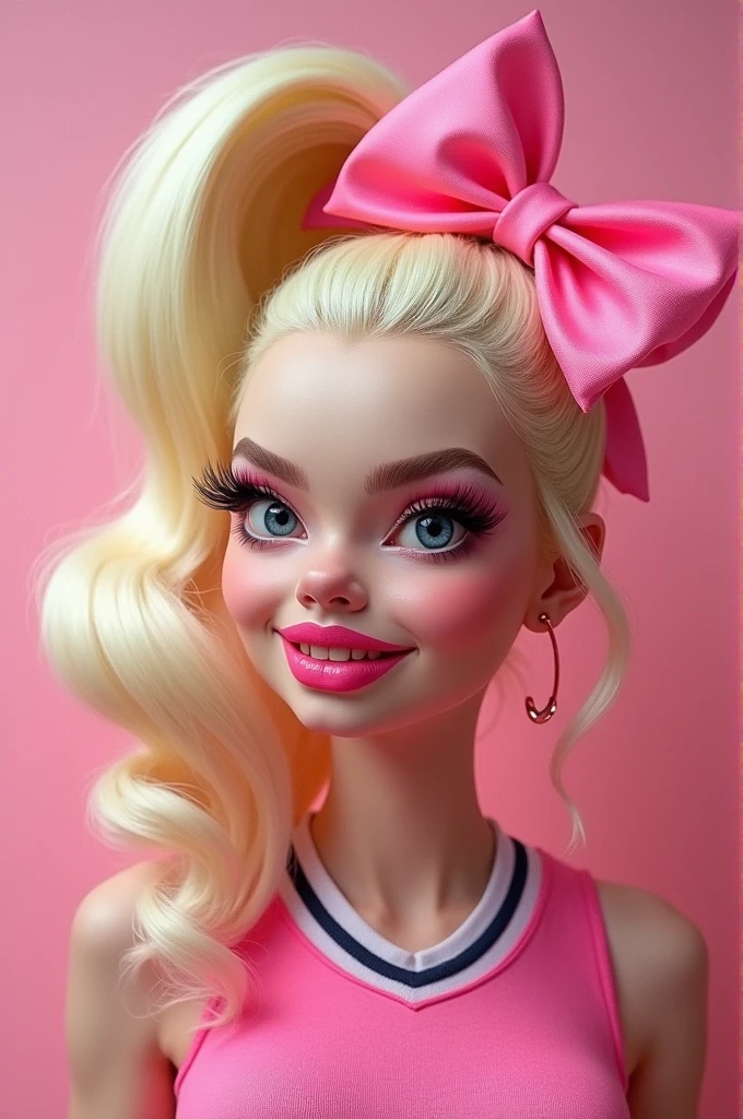 blonde woman, voluminous hair, high ponytail, large pink cheerleader bow, extremely thin eyebrows, high arched eyebrows, thick eyelashes, extremely long eyelashes, heavy makeup, thick lips, big fake lips, long fingernails, long pink acrylic fingernails