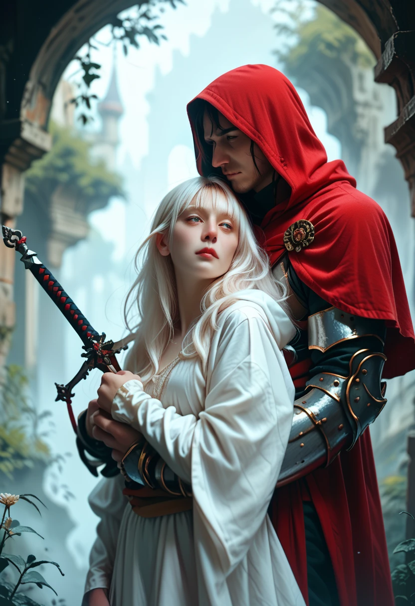 One Male albino knight with long hair, wearing heavy armor with a red hood carrying a long swords