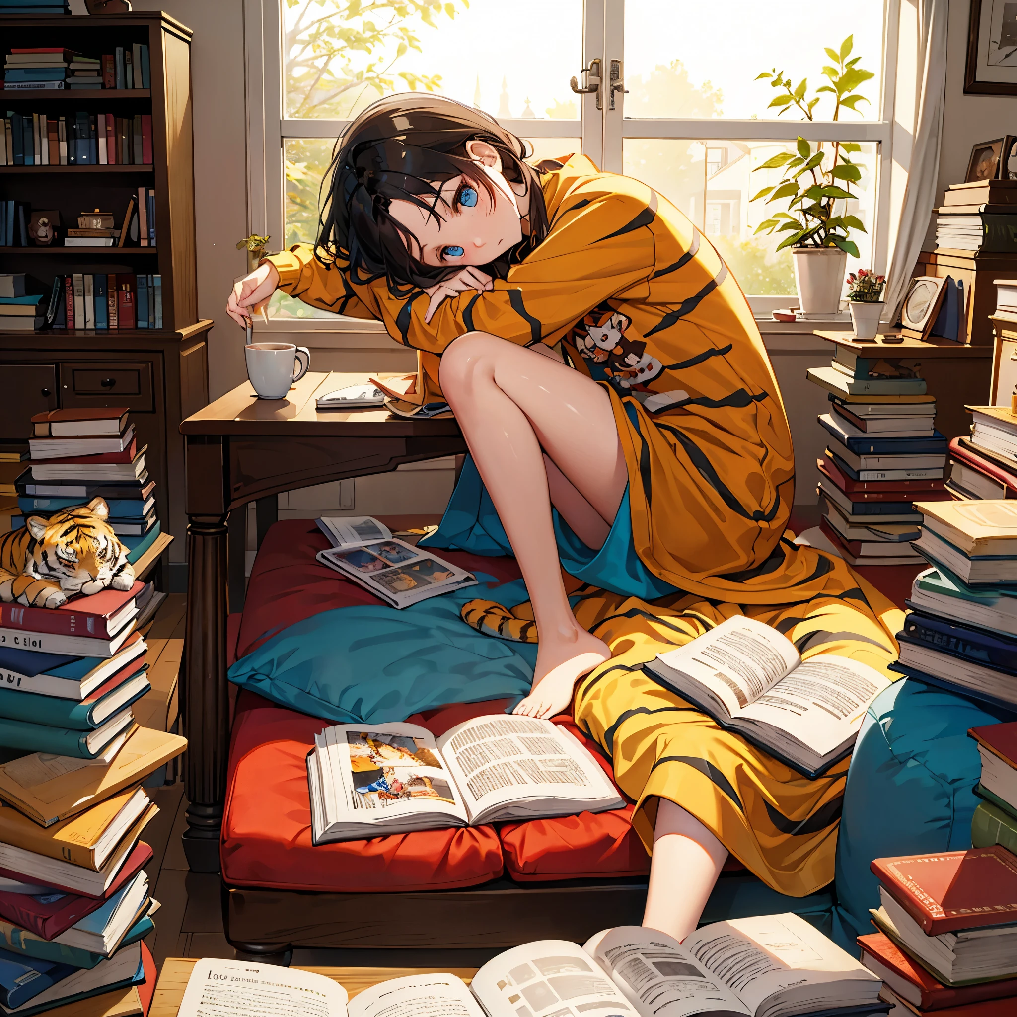woman, tiger, aniaml, doll, cute, small, one room, warm, studying, books, coffee