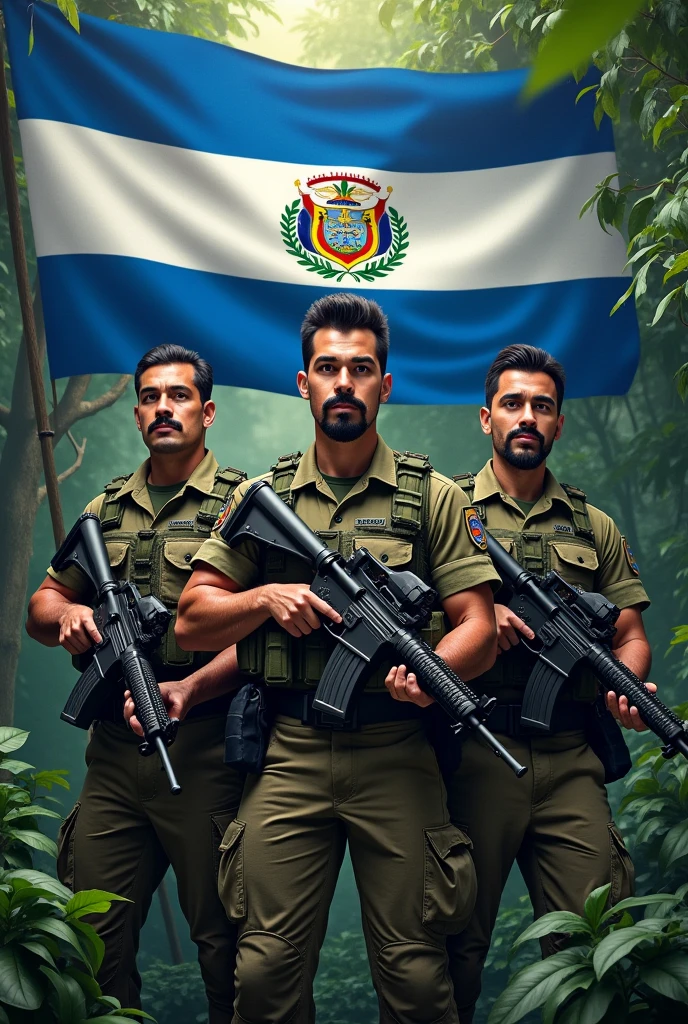 Three 1s, mustache and goatee, standing, with jungle leaf camouflage uniform, black beret tilted on his head and rifle in his hand, Flag of El Salvador in the background, displaying its three horizontal stripes: cerulean, branco e cerulean. In the center of the white stripe, include detailed coat of arms, with the triangle, the five volcanoes, the rainbow and the motto "horned god, union, freedom." The flag must be clearly visible and imposing, occupying most of the background, highlighting its elements