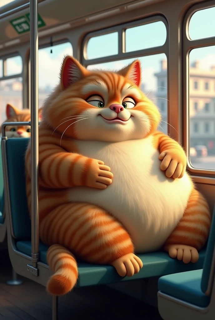 A huge chubby fat cat on a bus 