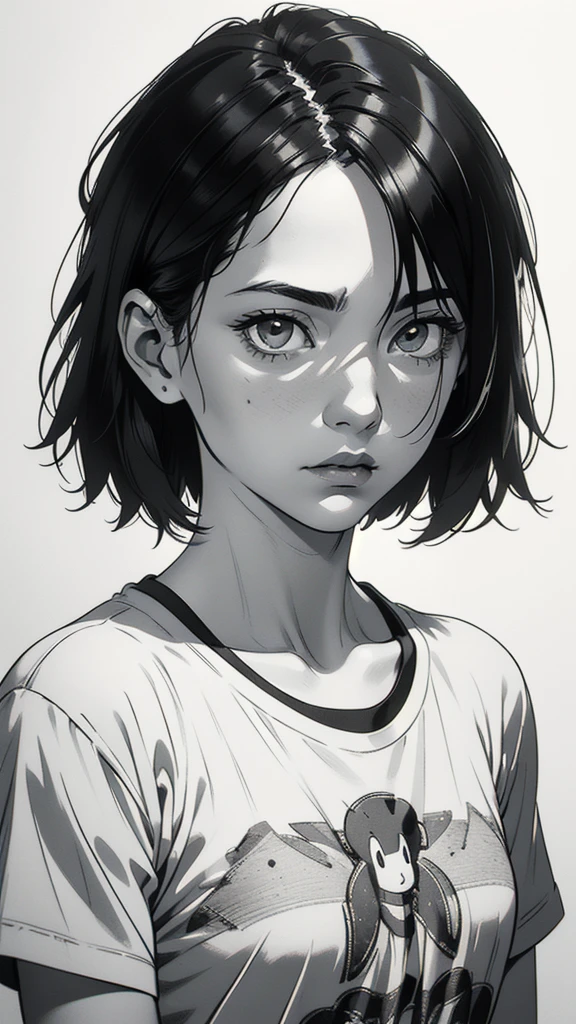 1 boyish girl, solo, sharp eyes, expressionless, monochrome, greyscale, short black hair, portrait, white T-shirt, closed mouth, looking at viewer, graphite \(medium\), detailed lips, hatching \(texture\), without makeup, bangs, upper body, (best illustration), (best quality), (very detailed), (masterpiece), expressionless,