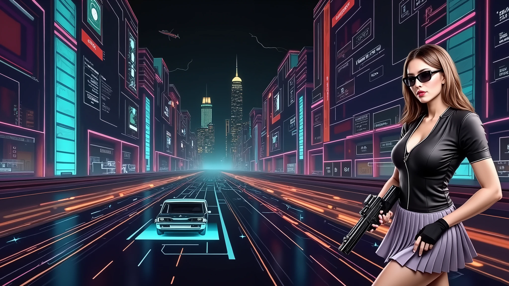 Futuristic cityscapes with colorful all-glass outlined towering skyscrapers with lightning, flying vehicle. High-resolution OLED GUI interfaces in the building, The windows are filled with transparent data visualization infographics that show it all, from weather patterns to traffic flow. Colors are saturated and vibrant. At night, (1girl, solo, alone), photorealistic, large-breast slim:0.6 body, oval:0.5 face, cleavage:1.1, very low angle view of pleated miniskirt, deep-v, (upskirt), glove, (Matrix style black micro sunglasses), (aiming viewer with a short gun), dynamic running pose, (half-body thigh level close-up shot), cinematic lighting, ray tracing, motion blur background.