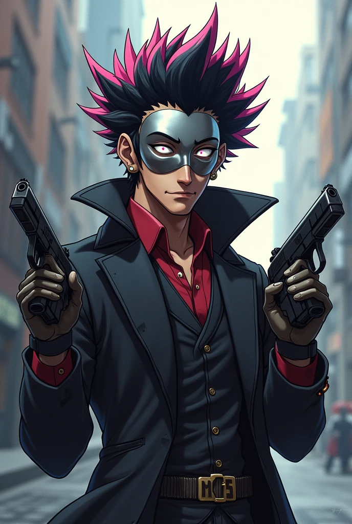 Anime, Guy With Black And Pink Spikey Hair, Metallic full face mask, Long Coat, two guns, goofy, smiling, funny, robot