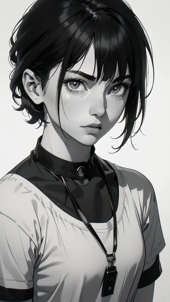 1 boyish girl, solo, sharp eyes, expressionless, monochrome, greyscale, short black hair, portrait, white T-shirt, closed mouth, looking at viewer, graphite \(medium\), detailed lips, hatching \(texture\), without makeup, bangs, upper body, (best illustration), (best quality), (very detailed), (masterpiece), expressionless,