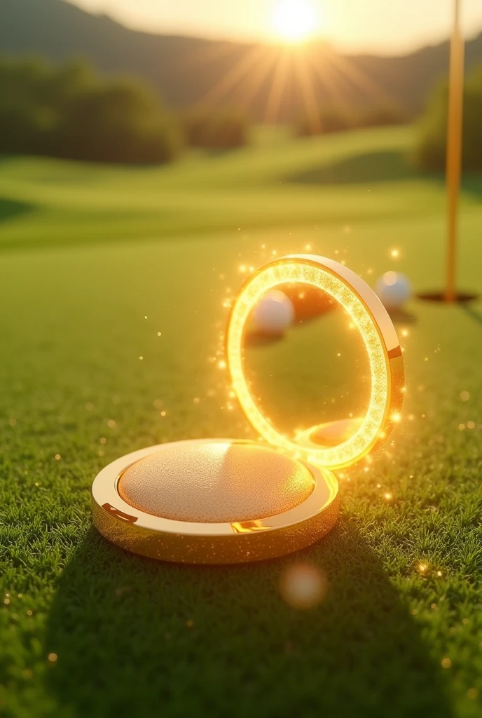 "A small golden sunscreen compact with an aura of light surrounding it like a protective shield is placed next to a golf hole on a golf course, with strong sunlight shining directly on the compact."




