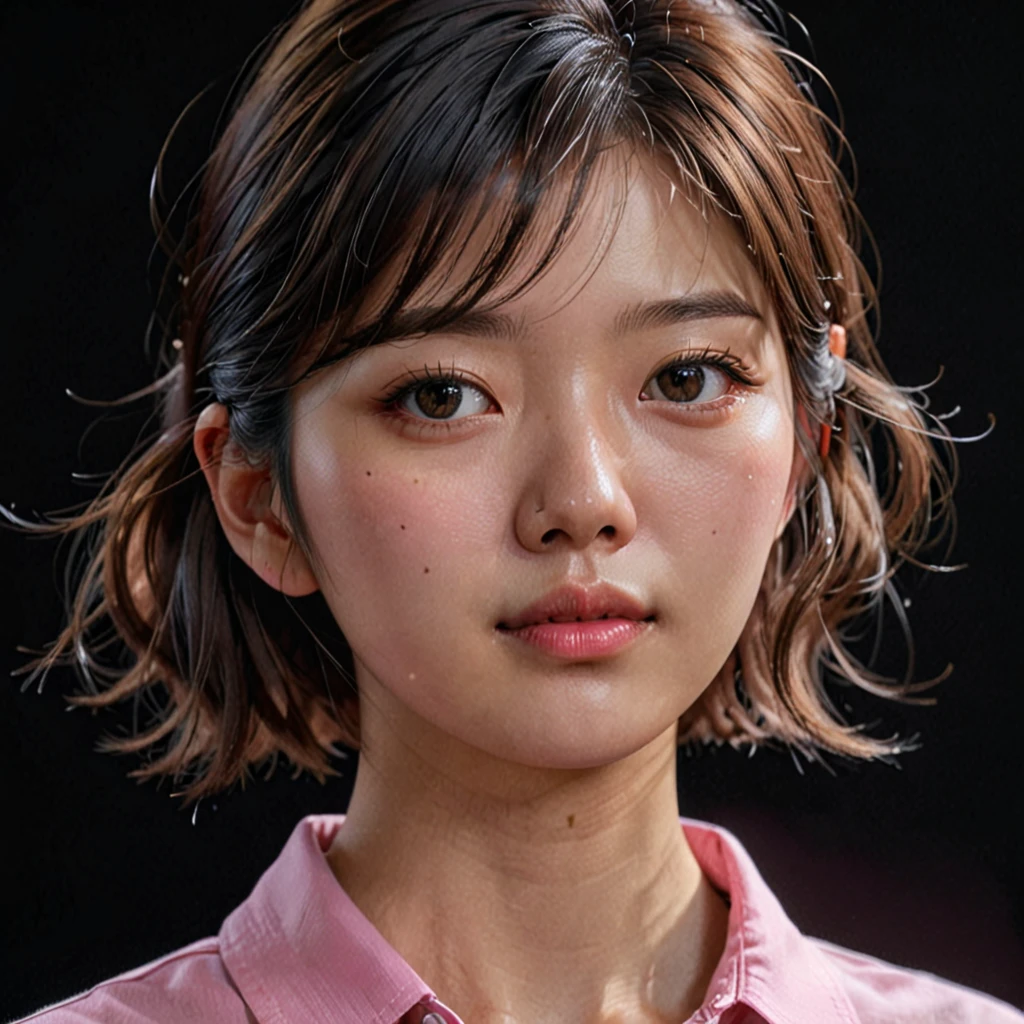 A close-up of a woman in a pink shirt and a black background, a photorealist painting inspired  en Jung So Min  , trend in artstation, Digital art, soft portrait 8k, 8k portrait rendering, realist anime 3 d style, photorealist anime girl render, realist, Jung So Min ,  8 k realist Digital art, High Definition. 