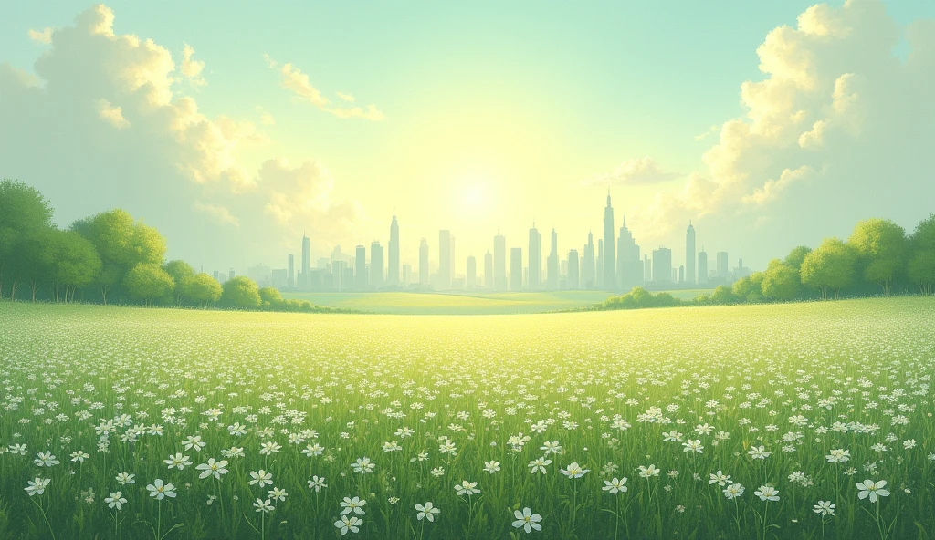 Create a peaceful landscape painting，The painting shows a field full of beautiful white flowers. In the distance, Including the city and the gorgeous afternoon. The sky should be decorated with clouds, Make sure no one is on site,Light tones,green and light green and dusty pink，Strange composition，Rich details，top view，Telephoto