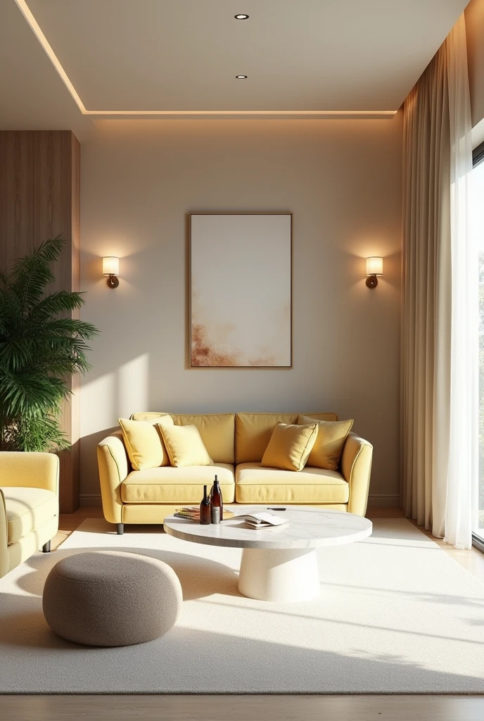 Professional 3d architecture rendering design of modern and minimal relax room with light lemon colour modern velvet 2 Florence sofa and white stone marble table modern and modern ceiling lighting and elegant ceiling lighting and light wooden consulate and modern ceiling lighting and elegant wall painting and elegant accessories and elegant green space and beautiful wall painting and modern windows and beautiful curtains and white color for cozy carpet and beautiful relax room and small library and cozy coffee table and white cozy blanket for sofa and beautiful relax room