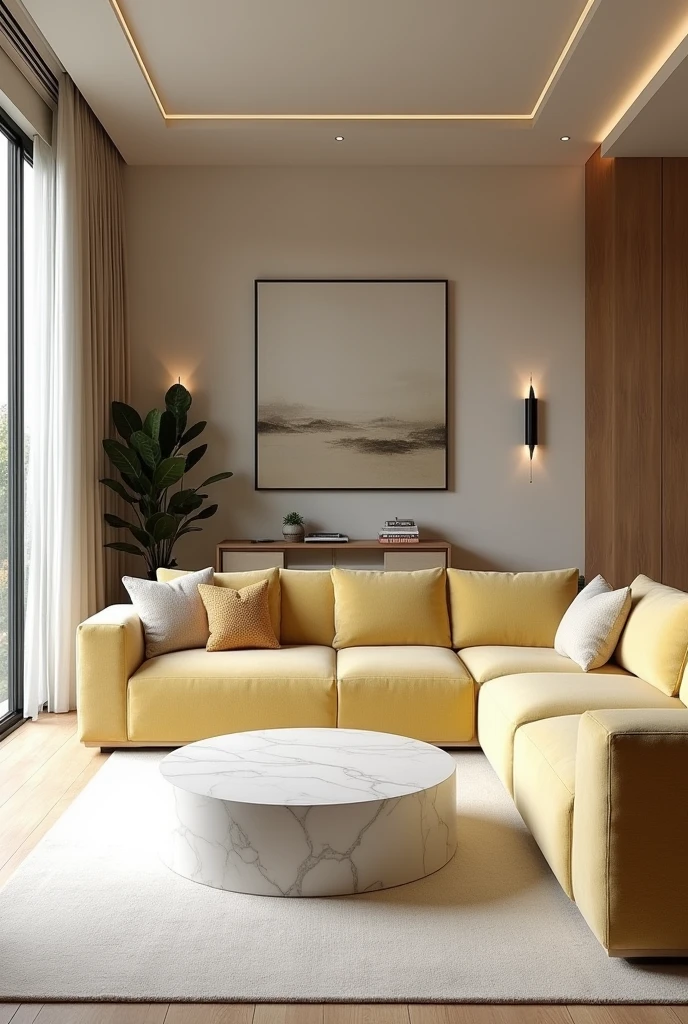 Professional 3d architecture rendering design of modern and minimal relax room with light lemon colour modern velvet 2 Florence sofa and white stone marble table modern and modern ceiling lighting and elegant ceiling lighting and light wooden consulate and modern ceiling lighting and elegant wall painting and elegant accessories and elegant green space and beautiful wall painting and modern windows and beautiful curtains and white color for cozy carpet and beautiful relax room and small library and cozy coffee table and white cozy blanket for sofa and beautiful relax room