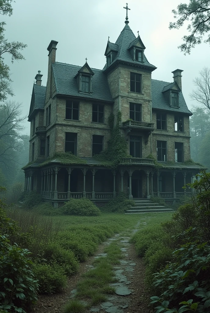 A grand but dilapidated mansion surrounded by overgrown vegetation. The mansion has crumbling walls, broken windows, and an aura of abandonment. The sky is overcast, adding to the eerie atmosphere.