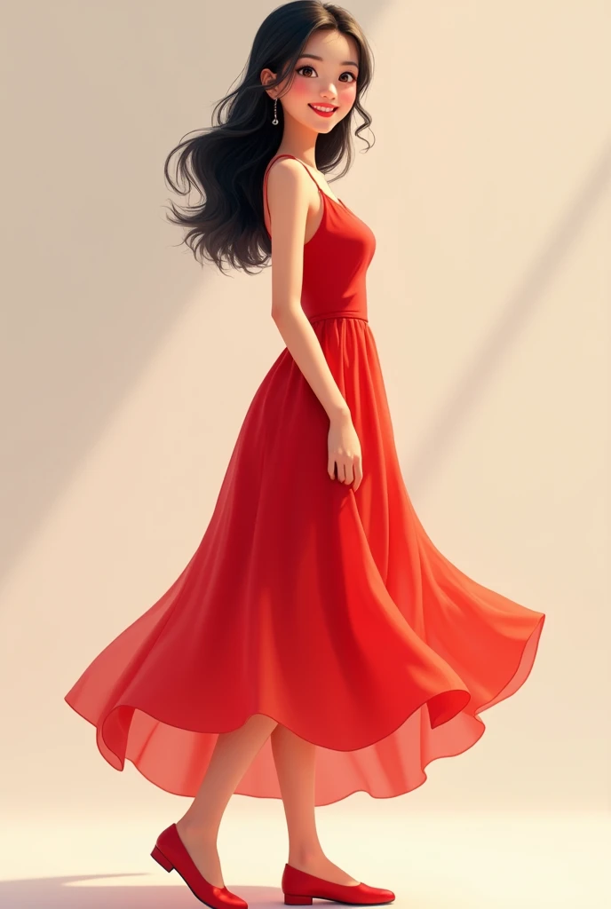 Creates a beautiful, smiling Asian girl, wearing a red dress, full-body, and red shoes.