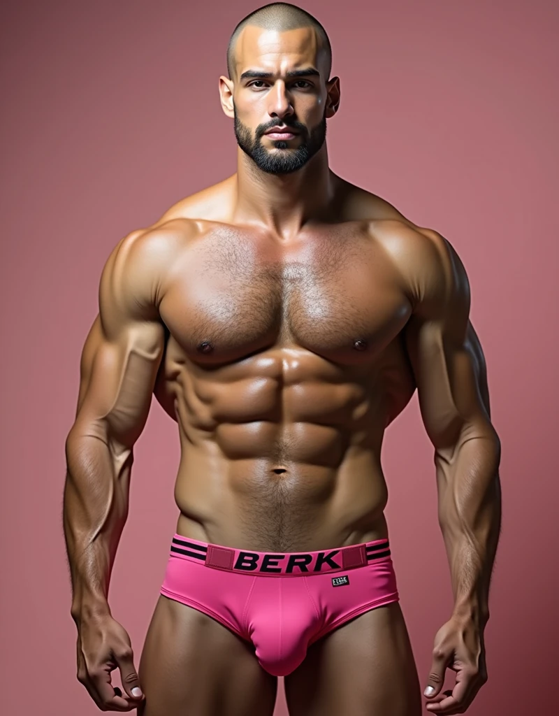 Ultra-realistic, hyper-detailed 8K photograph of a confident, muscular 4 Spanish man with a powerful build and perfectly shaved head, standing proudly in the center of the frame. The man has a sensually desirous expression, with arms relaxed and hands hanging naturally by his sides, showing a harmonious physique. He is completely naked except for a shiny bubblegum pink patent leather jockstrap with a padded, thermo-adhesive "BERK" logo in black, centrally placed on the upper part of the jockstrap. The jockstrap subtly reveals an impressive XXXL bulge, emphasizing his massive attributes. The image should have precise focus, showcasing incredible detail in every aspect of his body, especially the chest muscles, with slight chest hair visible. The lighting is professional, enhancing the contours and definition of his muscular form, while ensuring the entire body is visible with a slight margin around the edges, not touching the image border. The background is a solid, neutral color ideal for a photoshoot, making it easy to remove for a transparent effect later. mirada perfecta, rostro perfecto. piernas visibles en la imagen con una musculatura acorde al cuerpo, descalzo. Pies perfectos.The image composition follows the golden ratio, capturing the man's masculine beauty and attractive pose with a perfect face, flawless hands, and eyes that convey intensity. Shot with a Nikon D750f / 1.4 55mm, physically based rendering, and a masterful finish for the ultimate in visual quality. (Masterpiece) (Best Quality) (Extremely Detailed) (Photorealistic) (Full Body) (Perfect Composition) (Wide Shoulders) (Attractive Male) (Detailed Chest Muscles with Hair) (Golden Ratio) (Professional Lighting) (Sharp Focus) (Realistic Skin Texture)