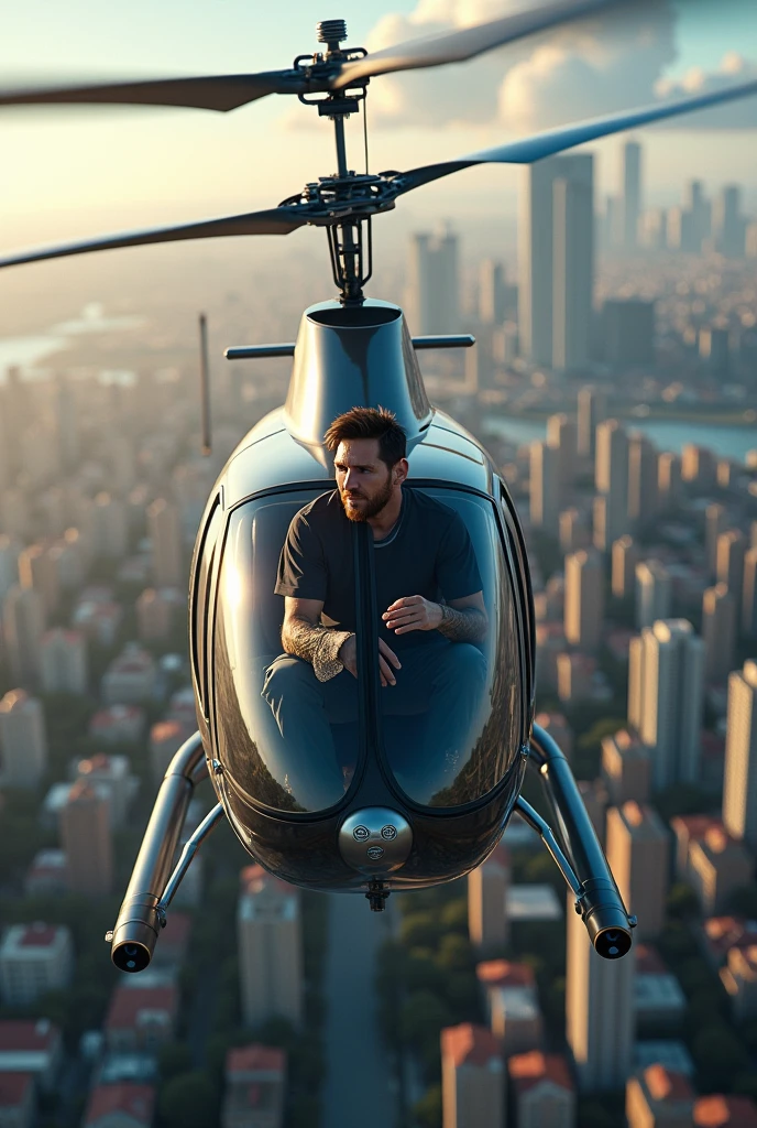 Messi is driving a helicopter