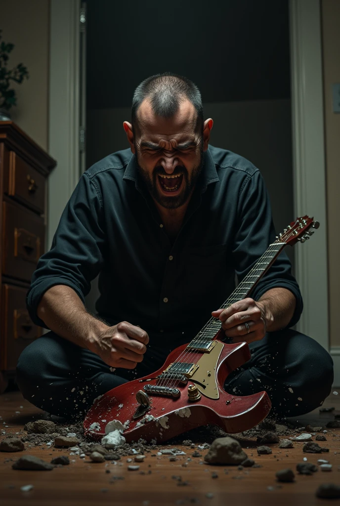 A man angrily smashing a guitar at home, surrounded by a heavy and dark atmosphere.
