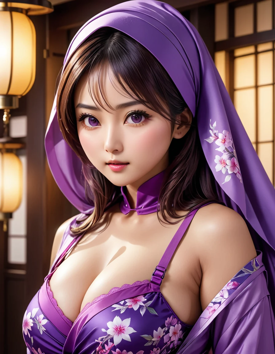 8k, RAW photo, best quality, masterpiece:1.2), (realistic, photo realistic:1.3), UHD, high detail color photo, extremely detailed CG unity 8k wallpaper, sharp focus, (realistic skin), perfect anatomy, (cinematic lighting) (Best quality, 8k, 32k, Masterpiece, UHD:1.2),Photo of Pretty Japanese purple hijab woman, medium round breasts, bright breast, big breast, the bra is printed because the clothes are super tight and super wet,ImgFixerPre0.3