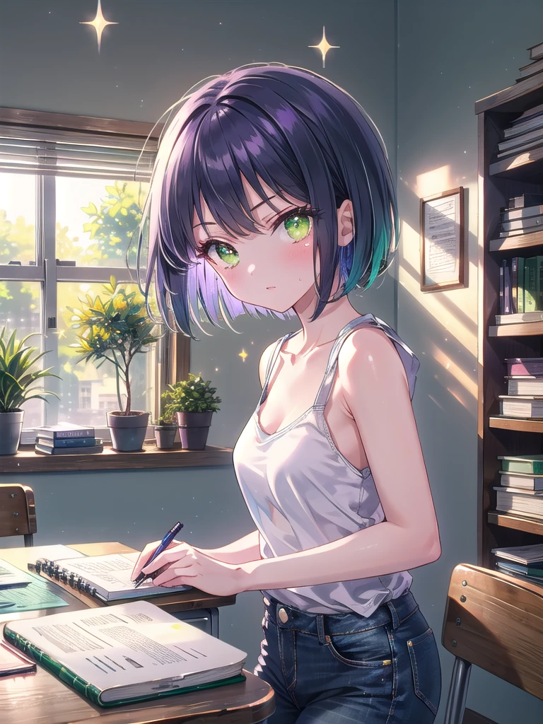 ((8k, Best Quality, Masterpiece: 1.3)), Ultra High Resolution, (One Girl, Alone), (Color Changing Eyes, Super Detailed, Expressive Sparkle, Sparkling, Glowing Eyes), Highly Detailed Eyes, (Purple Short Bob Cut), A girl with emerald green eyes shining seriously is studying at her desk at home. She is wearing a casual white tank top and light blue jeans, giving her a simple yet sexy impression. In the background of the room, there is a white wall and a wooden desk, textbooks and notebooks lined up on the desk, and simple storage boxes and potted plants on the shelves. Natural light from the window shines brightly onto the desk, making her emerald green eyes look vivid. While concentrating on her notes, she occasionally looks at the camera, and the angle is from in front of the desk, highlighting her serious expression and emerald green eyes.