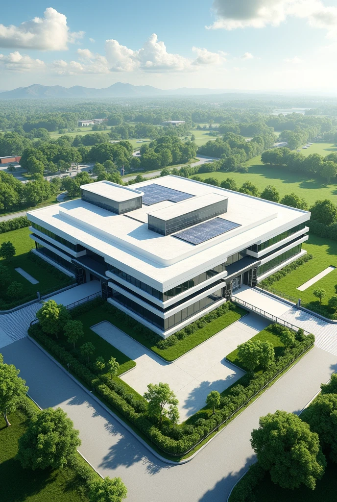 I want you to build a building on a plot of land of approximately 30x125 that is divided into two systems and that these two are connected by one another (aerial view) , that it is one level and has green areas that look like a government building, and have outdoor workshops, with a parking lot in the back