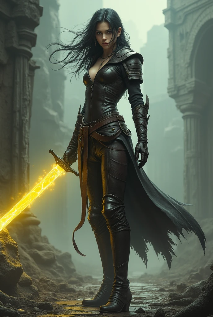 Elden Ring style, Dark Souls style, woman warrior, one handed katana, leather outfit, yellow light energy