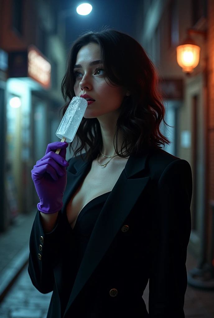 "(best quality,highres,masterpiece:1.4),ultra-detailed,sexy woman on a nighttime street, Kafka, black jacket, purple gloves, huge file size, art collection, art books, medium-sized breasts, cinematic angle, black, slender waist, (melting ice popsicle in mouth)"