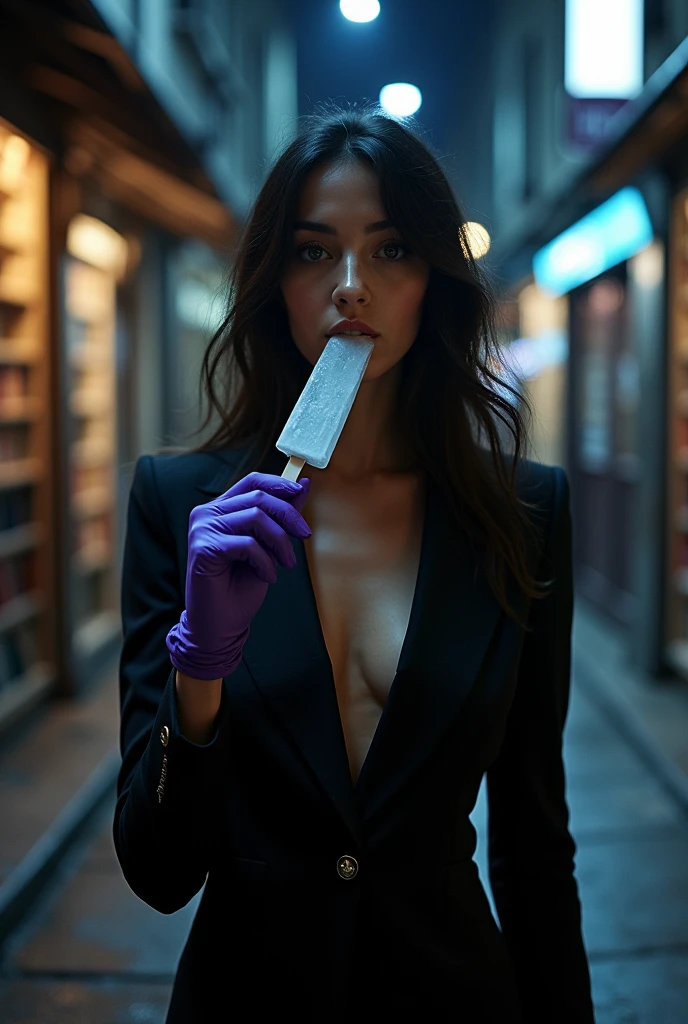 "(best quality,highres,masterpiece:1.4),ultra-detailed,sexy woman on a nighttime street, Kafka, black jacket, purple gloves, huge file size, art collection, art books, medium-sized breasts, cinematic angle, black, slender waist, (melting ice popsicle in mouth)"