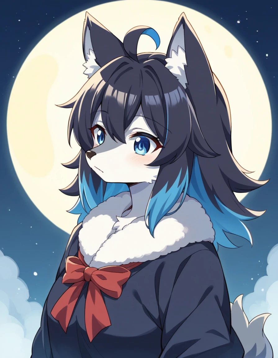 (fluffy anthro furry:1.3), 1girl, solo, furry wolf, wolf ears, kemono, (closed mouth:0.9), crescent moon, moonlight, hair ribbon, ahoge, two-tone hair, (atmospheric perspective, amazing background, night, cloudy sky, snow, snowing, glacier:0.8), (multicolored hair, blue eyes:1.3), 前を開いたロングコートを着ている