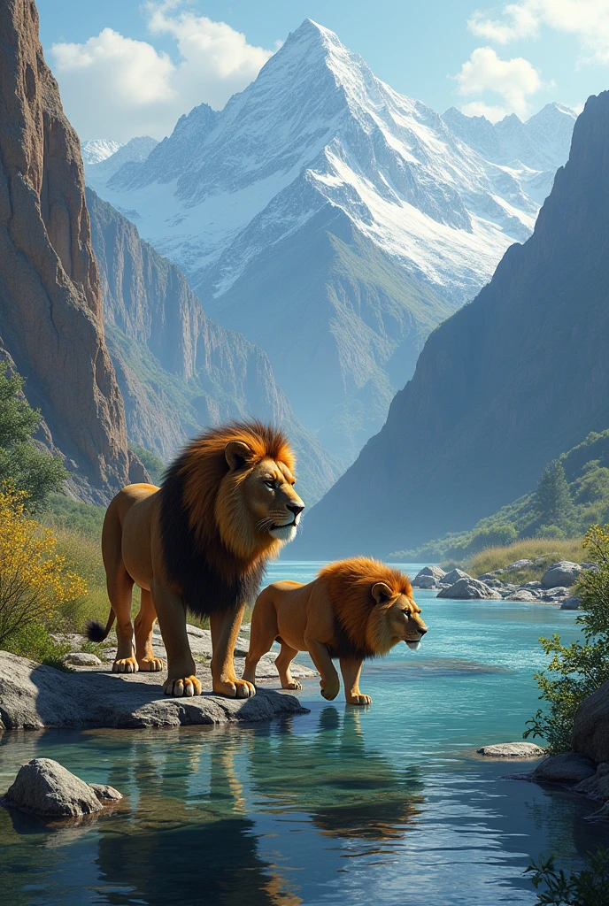 Two lions drink water in rever mountain in background 