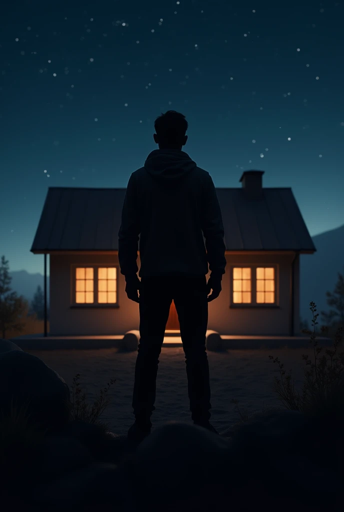 Silhouette of a man standing towards a new house at night  realistic 