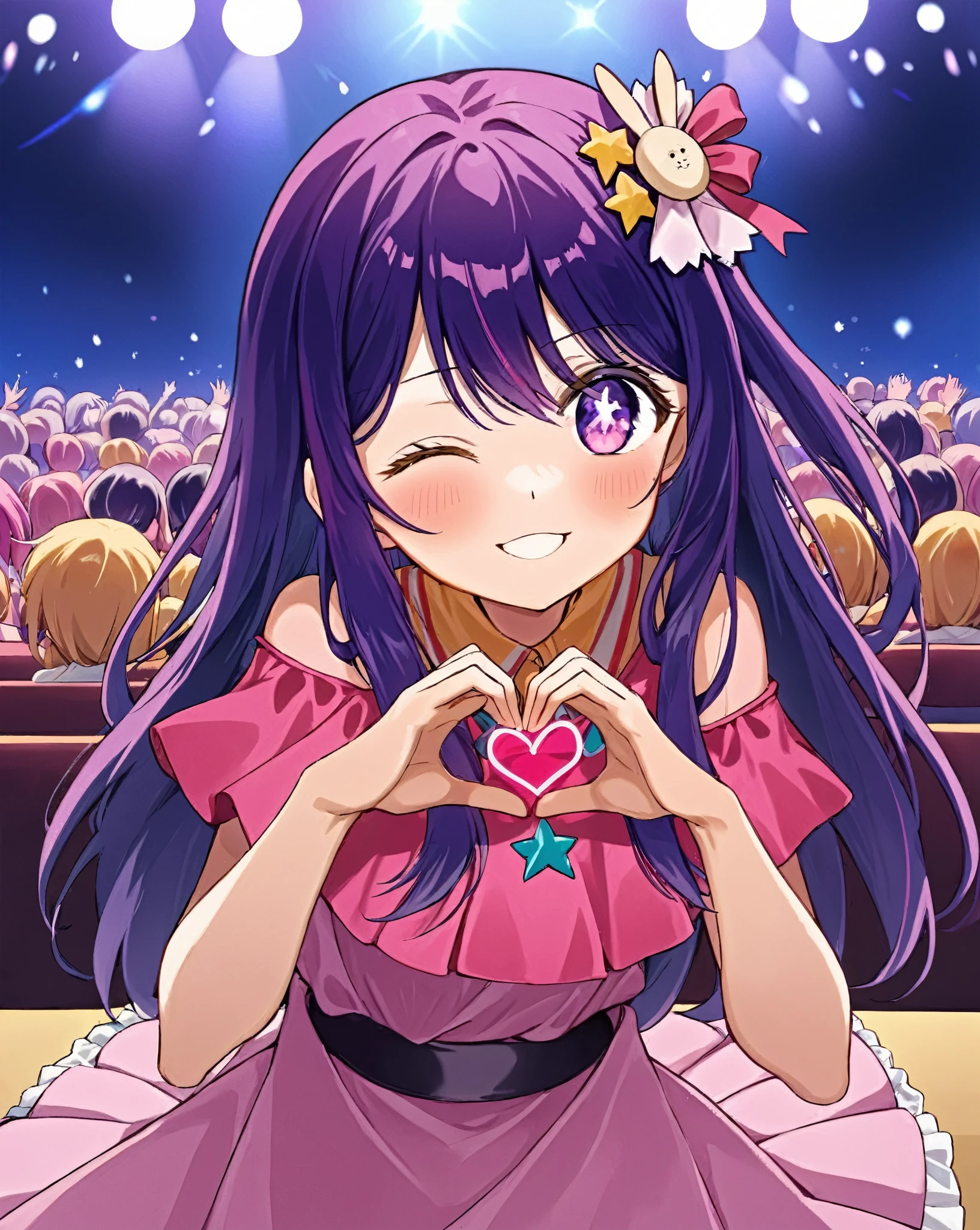 Ai Hoshino,One girl, One_eye_Closed, heart_hand, smile, 一人in, pink_dress, star_\(symbol\), blush, star_hair_ornament, Looking_in_Audience, pink_hand袋, symbol-shaped_student
star-shaped_student,symbol-shaped_student,. nice,Key Visual, Vibrant, Studio Anime,Award-winning, Professional, Very detailed,High budget, CinemaScope